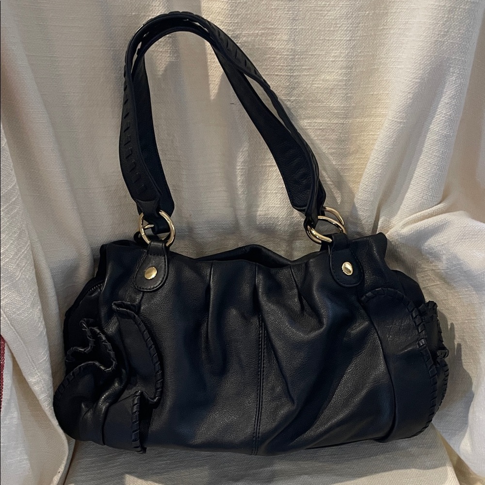 Crown Black Shoulder Bag with Braided Strap and Gold Rings